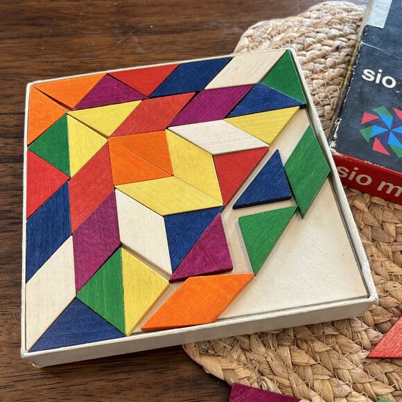 Vintage Wooden Sio Mosaic Puzzle Pieces & Box Creative Imagination Building - Picture 3 of 9